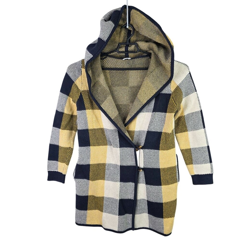 Womens Cabi Hooded Yellow Blue White Plaid Cardigan Sweater Acrylic & Cotton M